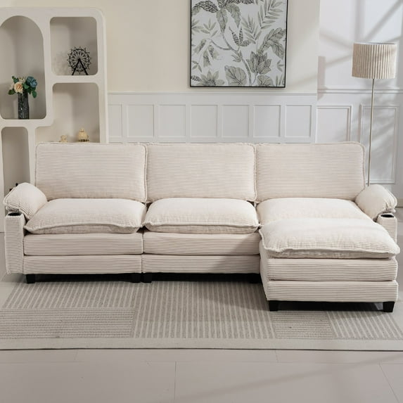 L-Shaped Modern Corduroy Fabric Sectional Sofa with Storage Bags Ottoman, Modular Sectional Cloud Couch with Cup Holders and Double-layer Thick Cushion, Couches For Living Room, Apartment, Beige