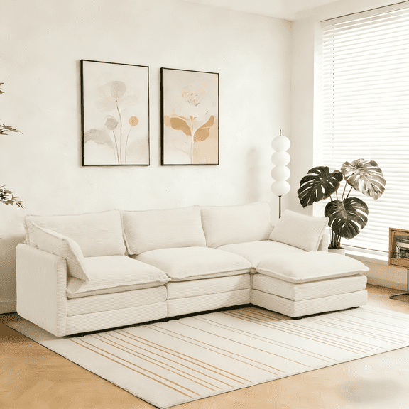 LOYALICE L-Shaped Modular Corduroy Cloud Sectional Sofa with Ottoman & Chaise – Oversized Sleeper Couch Furniture Set for Living Room, Beige