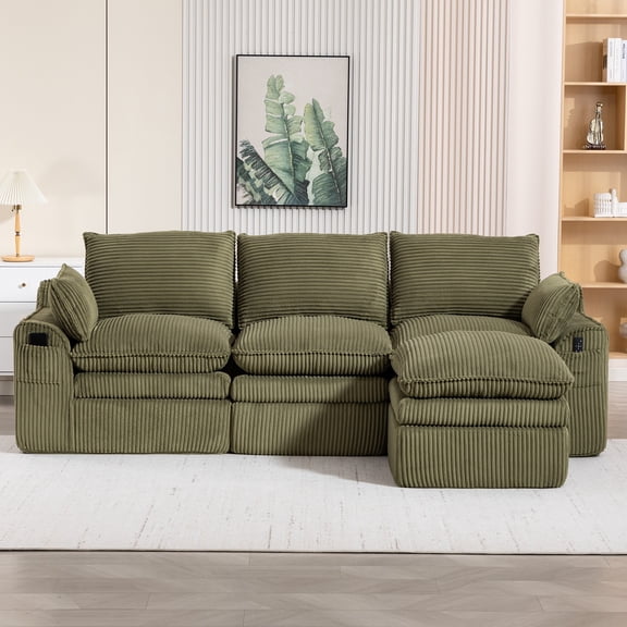 L-Shaped Modular Corduroy Sectional Sofa with Three Pillows and Two Lumbar Pillows, Compressible Cloud Couch with Plush Cushions, No Assembly Required Sofa for Living Room (Emerald)