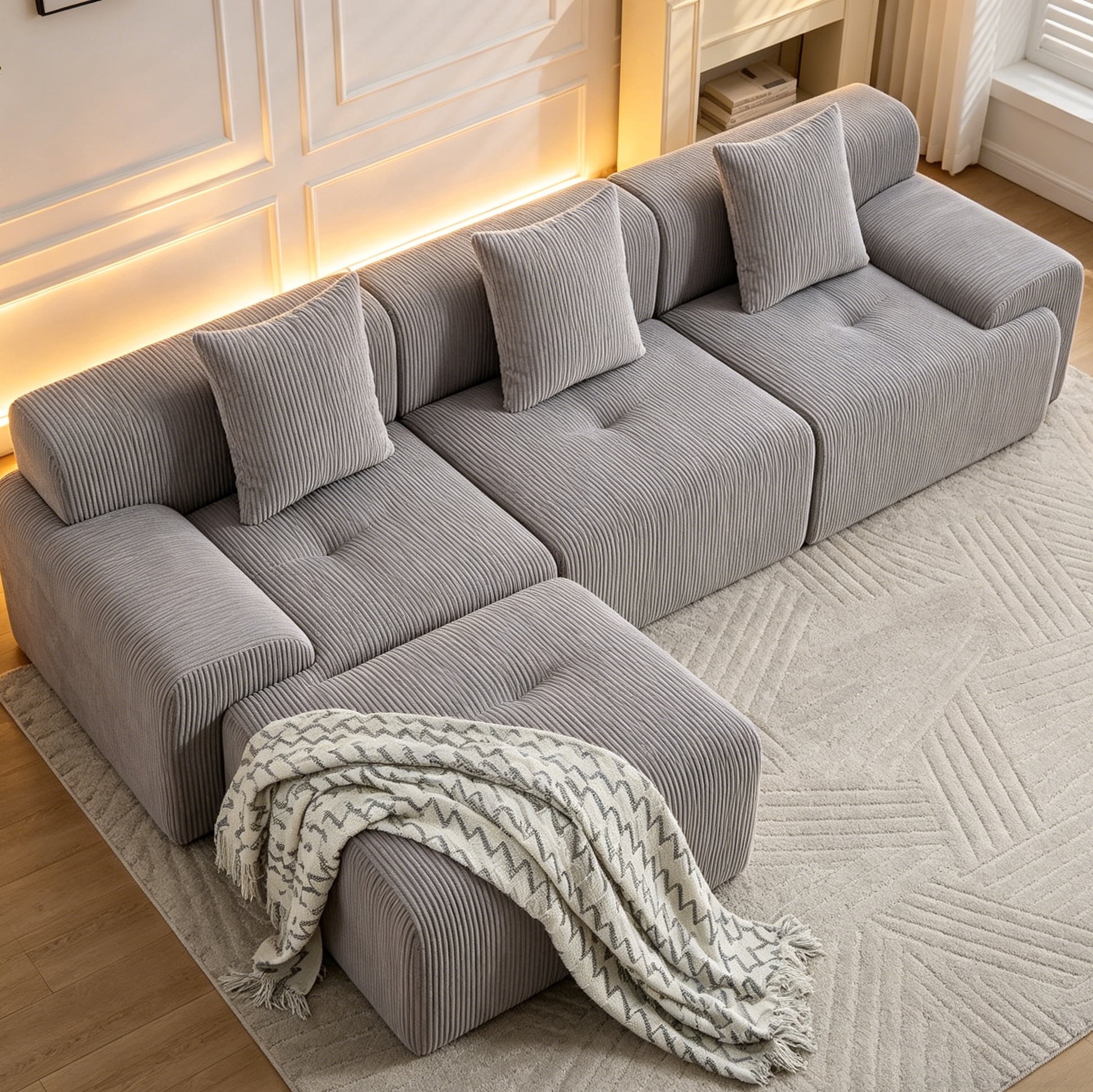 L Shaped Modular Corduroy Sofa Bed with Ottoman, Spacious Deep Seat ...