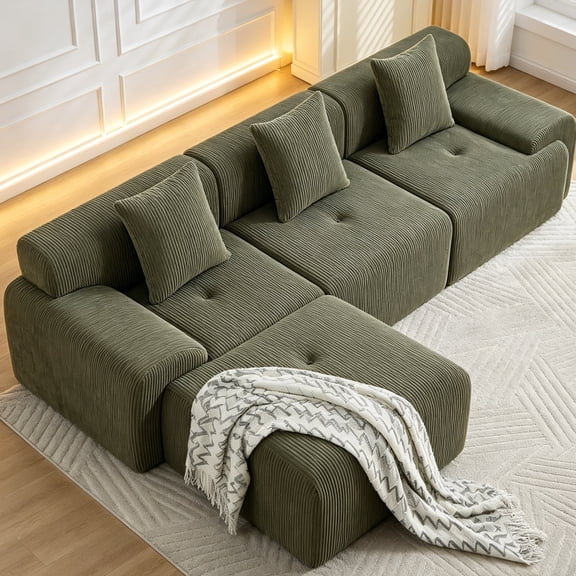 L Shaped Modular Corduroy Sofa Bed with Ottoman, Spacious Deep Seat Convertible Tufted Cloud Couch, No Assembly Required Sectional Sofa for Living Room Apartment Bedroom
