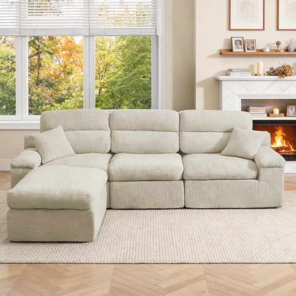 L-Shaped Modular Corner Compressed Sofa Couch with Ottoman and High Backrest, Slub Chenille Fabric High-Density Sponge Cushion for Living Room,Apartment, No Assembly Required, Light Sage Green