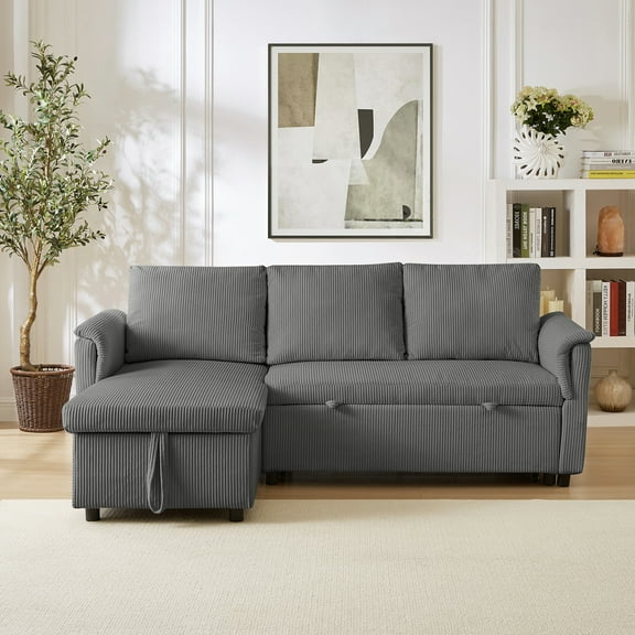 L-Shaped Modular Loveseat Sofa with Chaise Lounge, Pull-Out Sleeper Bed, Reclining Backrest and Storage Chaise, Tufted Corduroy Upholstered Convertible Sectional Couch for Living Room, Gray
