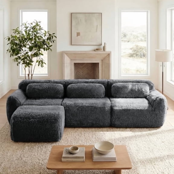 L Shaped Modular Plush Sofa with Movable Ottoman, Boneless Cloud Couch, 32D High Density Foam Sectional Sofa with Throw Pillows, No Assembly Deep Seat Lounge Couch for Living Room, Dark Grey