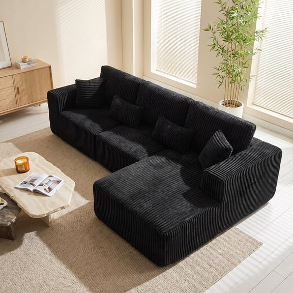 L-Shaped Modular Sectional Cloud Couch, 108" Boneless Couches for Living Room, No Assembly Required Corduroy Sofa with Deep Seat and Chaise, Black, Right Facing