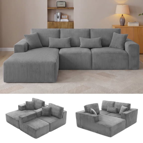L-Shaped Modular Sectional Cloud Couch, 108" Boneless Couches for Living Room, No Assembly Required Corduroy Sofa with Deep Seat and Chaise, Dark Gray, Left Facing