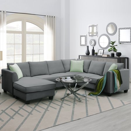 L-Shaped Modular Sectional Couch, KAMIDA 7-Seater Sectional Couch with Ottoman and 3 Pillows, Modern L-Shaped Fabric Upholstered Couch Furniture, Heavy Duty Sectional Couch for Living Room, Gray