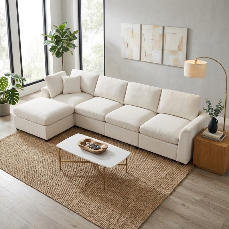 L-Shaped Modular Sectional Sofa, 4-Seater Chenille Couch with Movable Ottoman, Deep Seat Modern Sofa with Solid Wood Frame, 1 Throw Pillow for Living Room & Apartment