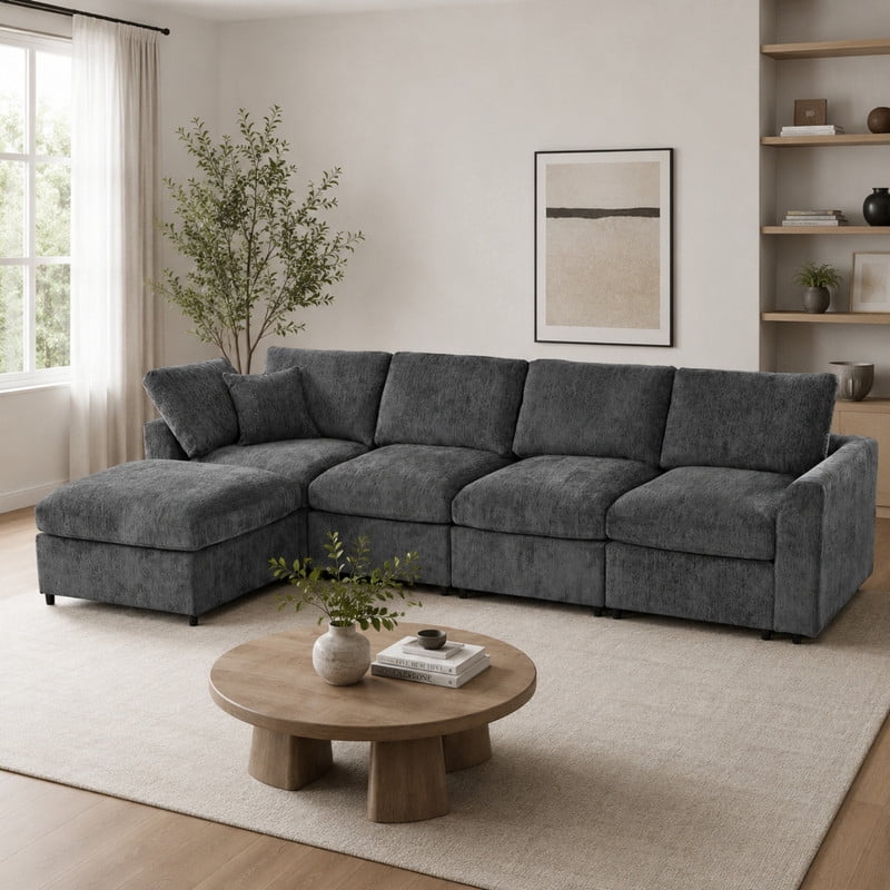 L-Shaped Modular Sectional Sofa, 4-Seater Chenille Couch with Movable Ottoman, Deep Seat Modern Sofa with Solid Wood Frame, 1 Throw Pillow for Living Room & Apartment