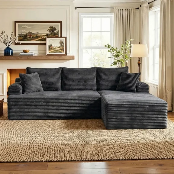 VERDECORE 95" L-Shaped Boneless Corduroy Modular Sectional Sofa, Dark Grey Right Chaise, Fluffy Deep Seat Couch with Side Pockets, Flexible Modules, No Assembly Required