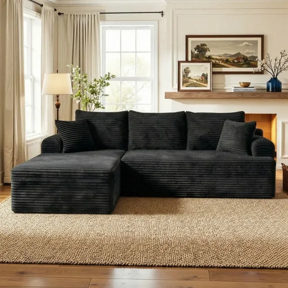 VERDECORE 95.2" L-Shaped Modular Sectional Sofa with Chaise, Boneless Corduroy Fluffy Couch, Deep Seat, Side Pockets, Flexible Module Combination, No Assembly for Living Room