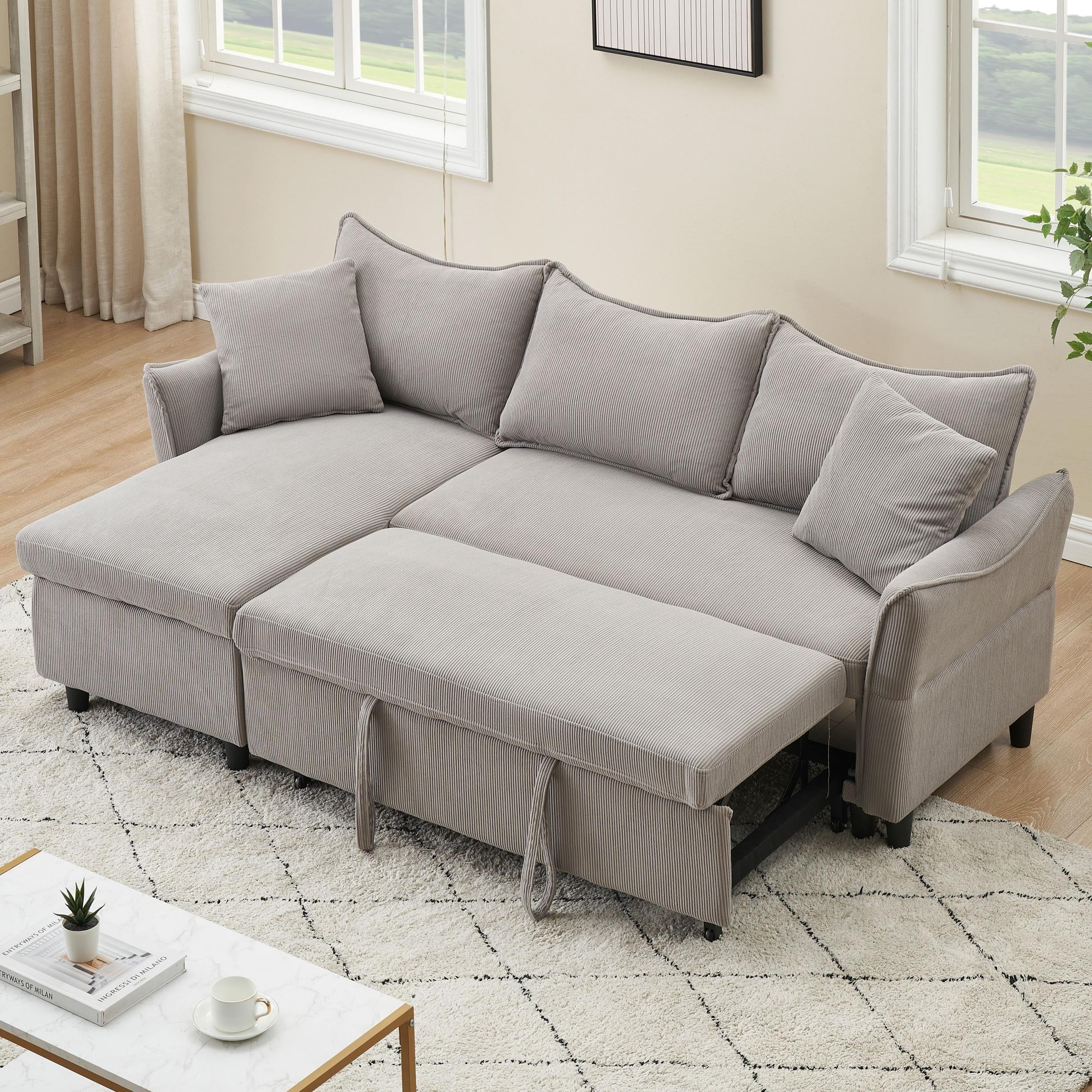 L-Shaped Modular Sectional Sofa,Corduroy Sleeper Sofa, 4-in-1 Convertible L Shaped Couch with Pull Out Bed,Storage Chaise with Throw Pillows for Living Room, Office, Apartment,Gray