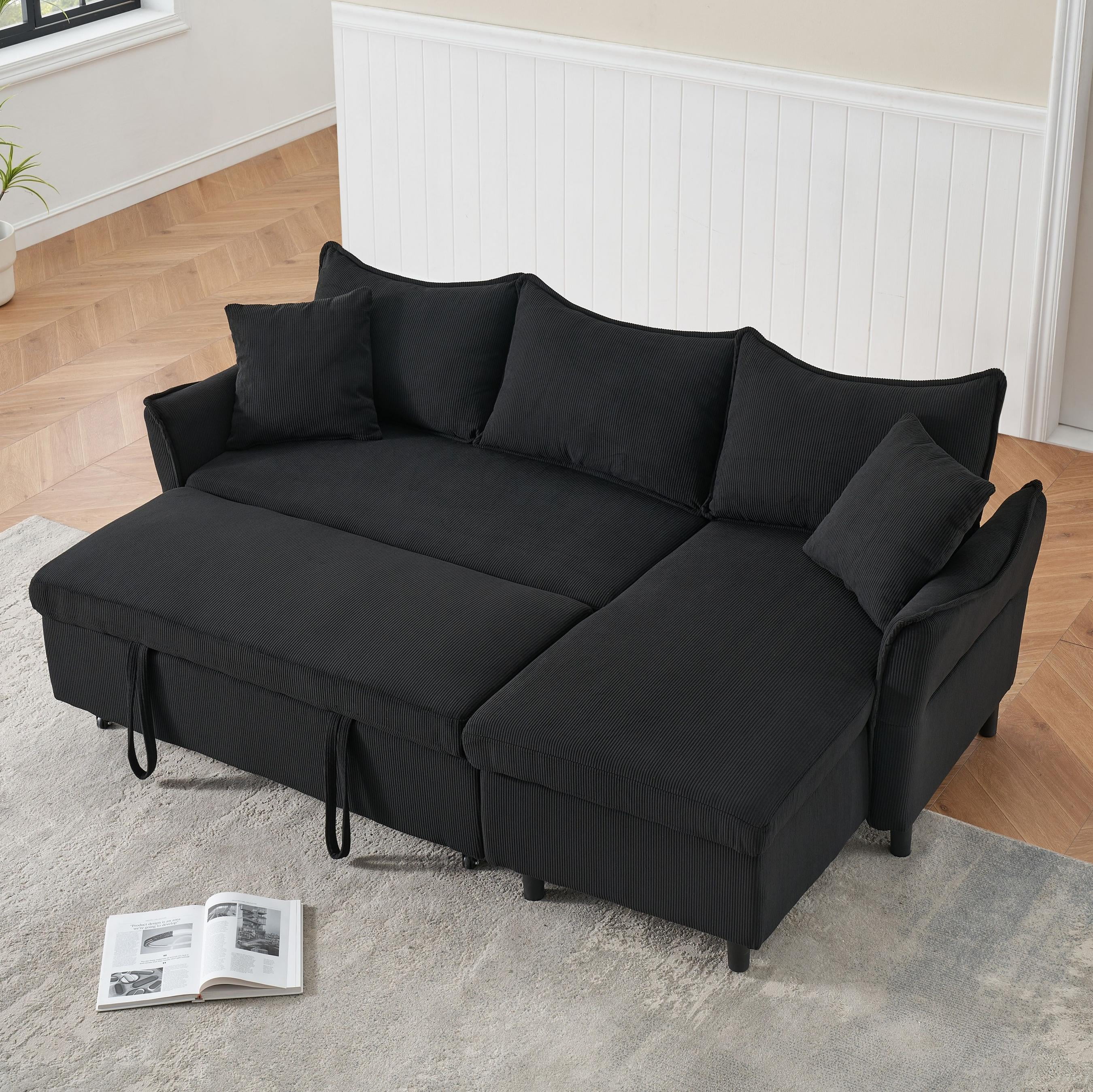 L-Shaped Modular Sectional Sofa,Corduroy Sleeper Sofa, 4-in-1 Convertible L Shaped Couch with Pull Out Bed,Storage Chaise with Throw Pillows for Living Room, Office, Apartment,Black