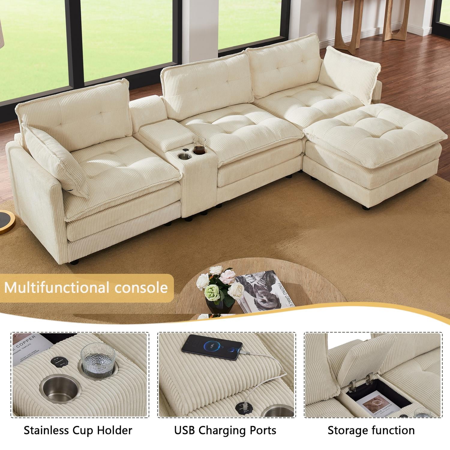 L-Shaped Modular Sectional Sofa with Ottoman & Multifunctional Console, 4-Seater Corduroy Couch with USB Ports & 2 Cup Holders, for Living Room, Beige