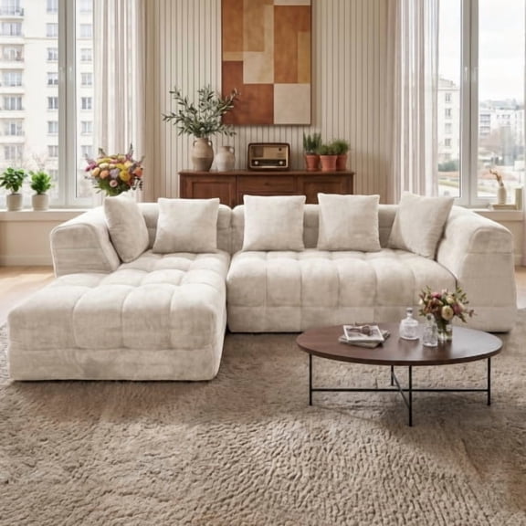 L-Shaped Modular Sectional Sofa, Oversized Deep Seat Corduroy Couch with Chaise Lounge, 1000 lbs Weight Capacity, No Assembly Required, Beige for Living Room Apartment