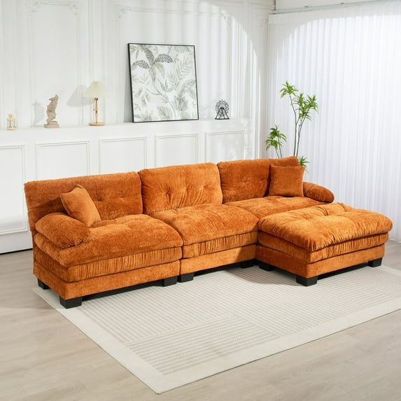 L Shaped Modular Sectional Sofa with Reversible Sleeper Couch and Ottoman, Deep Seating Comfort, Durable Chenille Fabric for Apartments, Studios & Home Offices – Orange