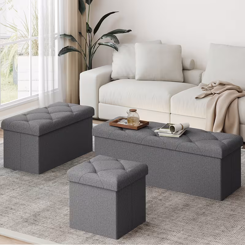 L-Shaped Modular Sectional Sofa Set with 3 Storage Ottomans, Grey Tufted Fabric Upholstery, Space-Saving for Living Room & Balcony