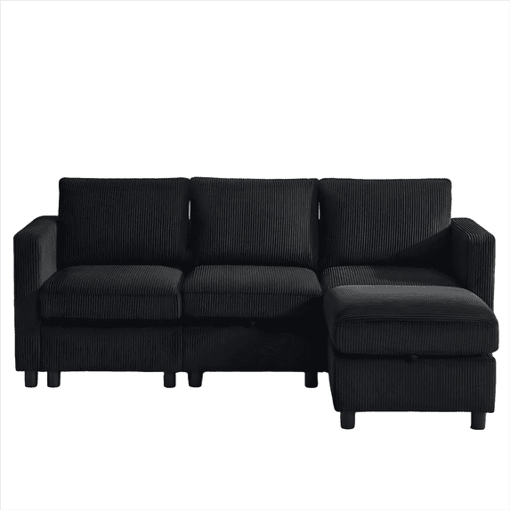 L-Shaped Modular Sectional Sofa with Storage & Movable Ottoman, Convertible 4-Seat Reversible Chaise Corduroy Couch for Living Room, Breathable Black Fabric, Modern Design
