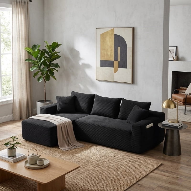 L-Shaped Modular Sectional Sofa with Chaise, 96.9'' Corduroy Boneless Couch Cloud Sofa with Deep Seat for Living Room Bedroom