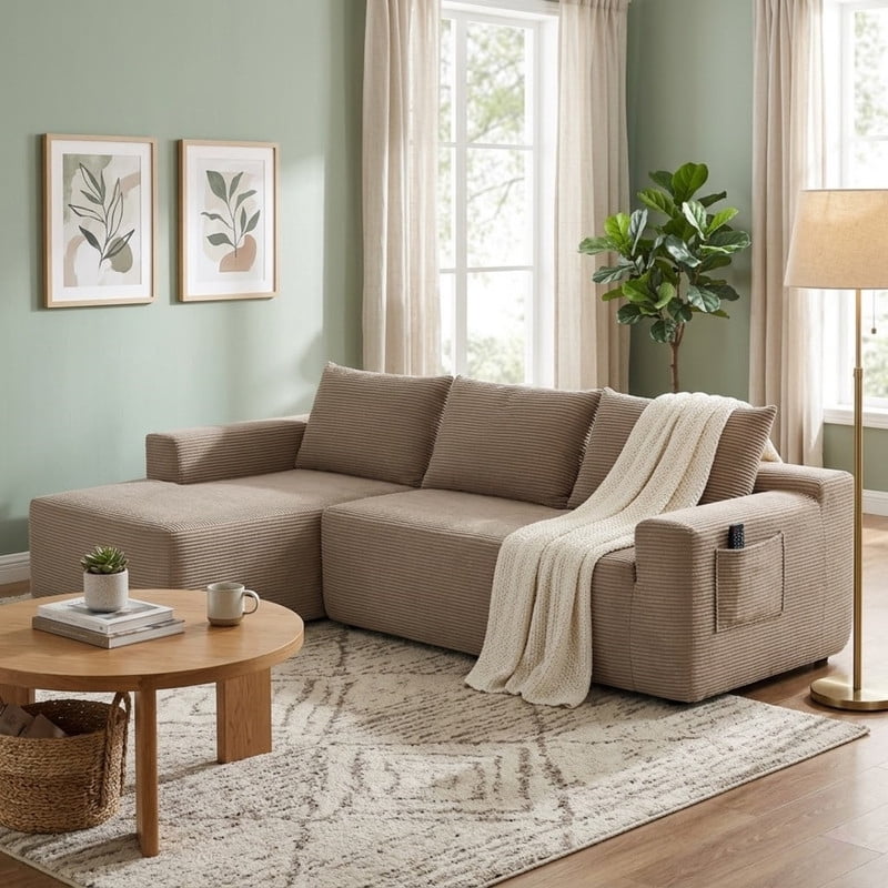 L-Shaped Modular Sectional Sofa with Chaise, 96.9'' Corduroy Boneless Couch Cloud Sofa with Deep Seat for Living Room Bedroom