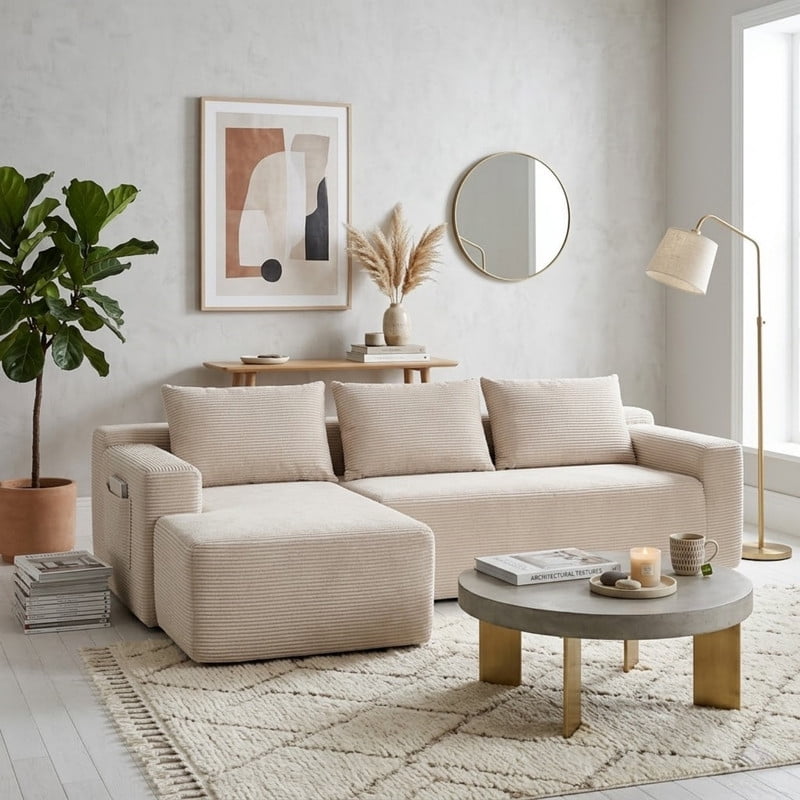 L-Shaped Modular Sectional Sofa with Chaise, 96.9'' Corduroy Boneless Couch Cloud Sofa with Deep Seat for Living Room Bedroom