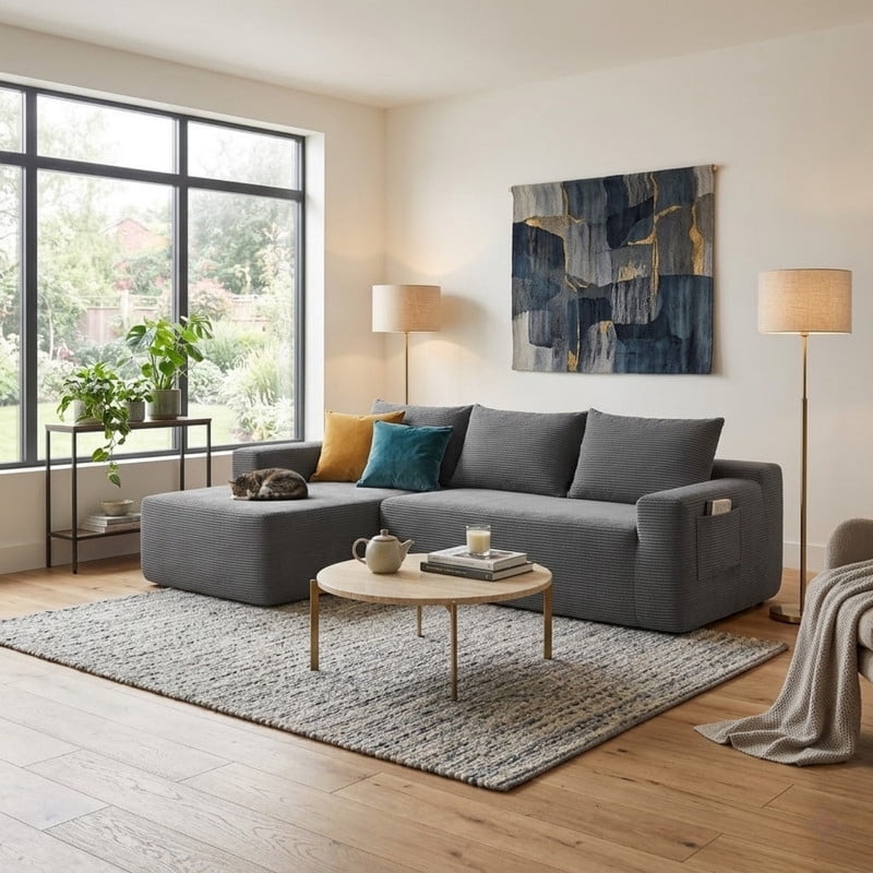 L-Shaped Modular Sectional Sofa with Chaise, 96.9'' Corduroy Boneless Couch Cloud Sofa with Deep Seat for Living Room Bedroom