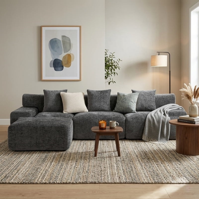 L-Shaped Modular Sectional Sofa with Ottoman, Comfy Boneless Sofa Cloud Couch with Deep Seat, Chenille Sofa Couch for Bedroom Living Room