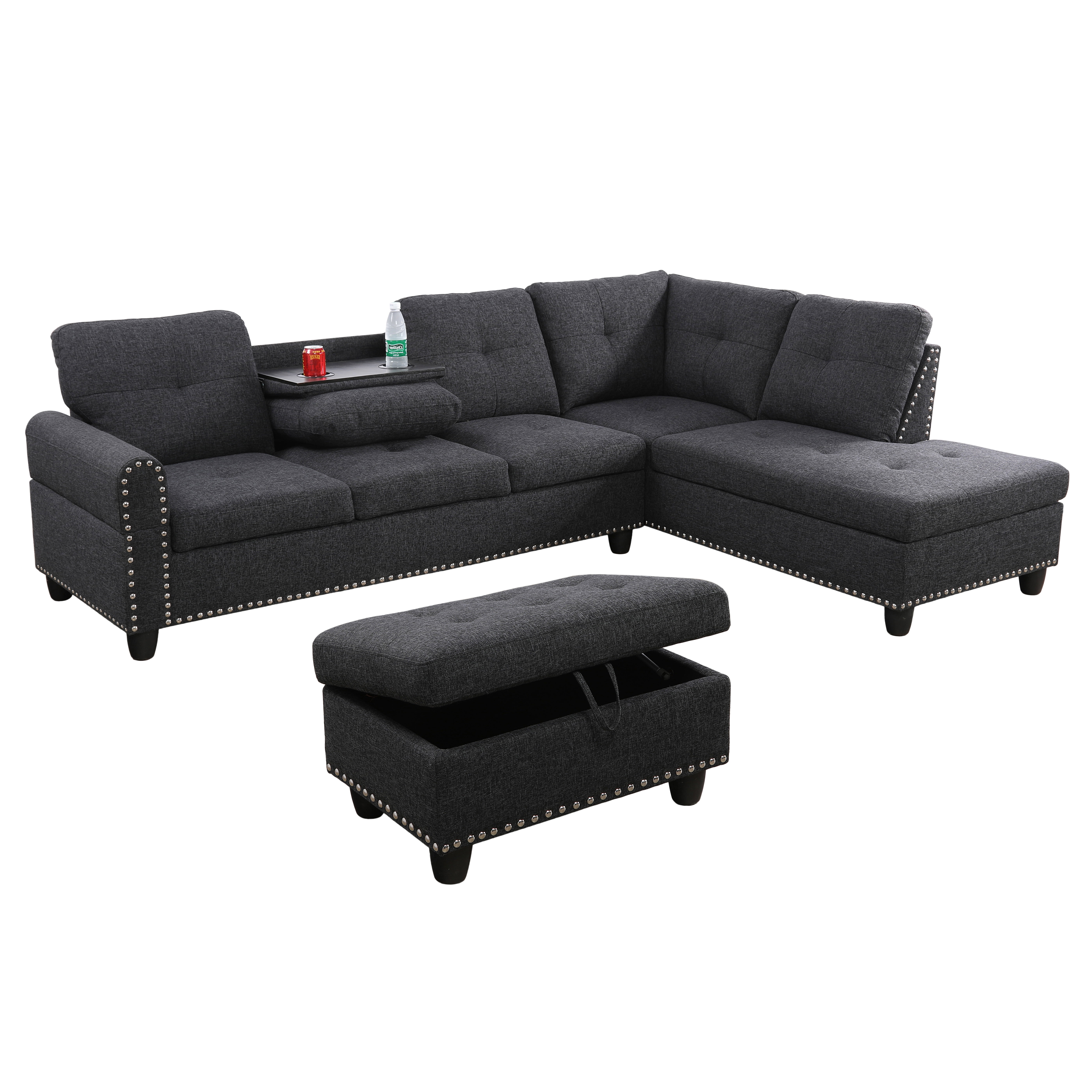L-Shaped Modular Sectional Sofa with Ottoman Storage & Nail-Head Trim – Reversible Cup Holder Console, Multi-Functional Living Room Furniture