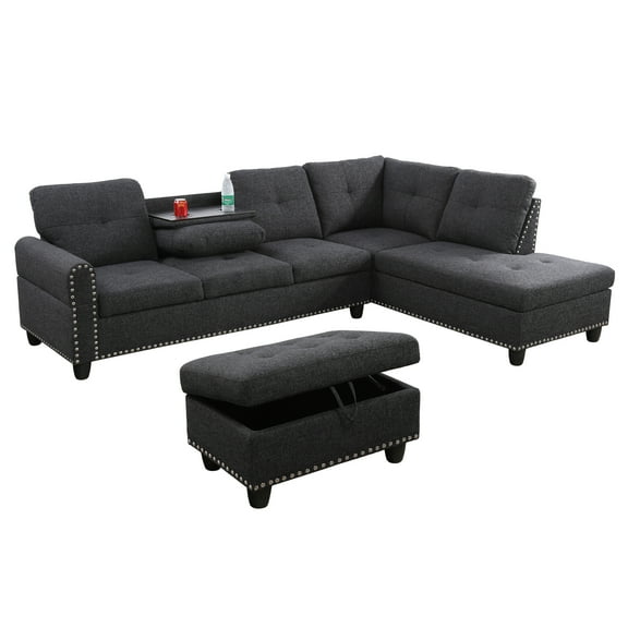 L-Shaped Modular Sectional Sofa with Ottoman Storage & Nail-Head Trim  Reversible Cup Holder Console, Multi-Functional Living Room Furniture