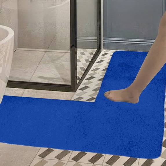 L Shaped Non Slip Bathroom Rug - 47x47 Inch Memory Foam Microfiber, Absorbent Machine Washable (Blue)