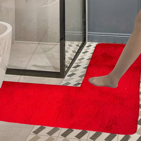 L Shaped Non-Slip Bathroom Rug - 47x47 Inch Red Memory Foam, Machine Washable Absorbent Mat