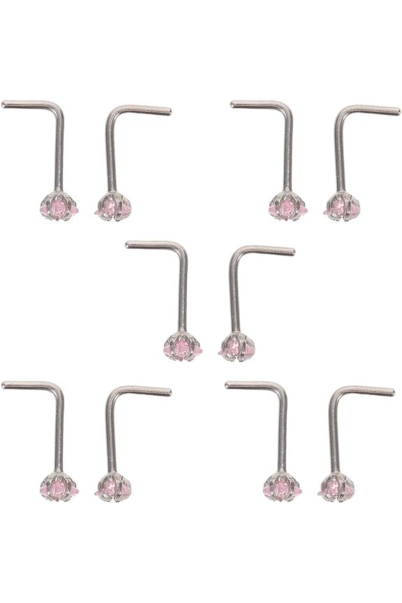 L Shaped Nose Rings Studs with Pink Cubic Zirconia Star Charm Stainless Steel Nostril Piercing Jewelry for Women 10 Pcs