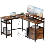 L Shaped Office Desk, 67 Corner Computer Desk With File Drawer & Power Outlet, Reversible Gaming Desk With Storage Shelf, Brown