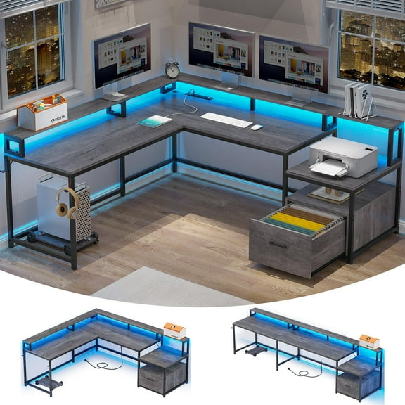 L Shaped Office Desk with File Drawer Power Outlet, 66 Inch Corner Computer Desk with LED Lights Monitor Shelf, Gaming Desk for Two Person, Printer Storage Shelves, Grey