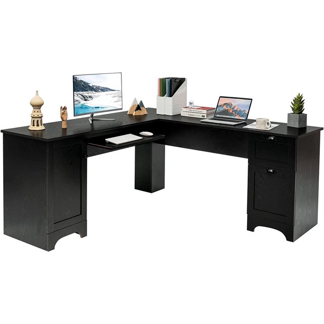 LShaped Office Desk with Storage Drawers & Keyboard Tray, Home Office Corner Computer Desk with