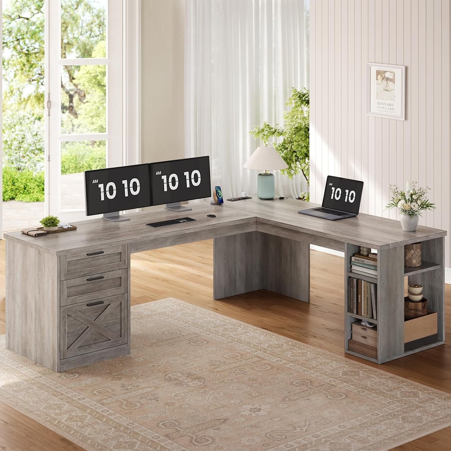 L Shaped Office Desk with Storage, Farmhouse Computer Desk with Power Outlets & File Drawer, Corner Desk with Spacious Desktop & Open Shelves, Home Office Desk with 3 Drawers for Bedroom, Grey