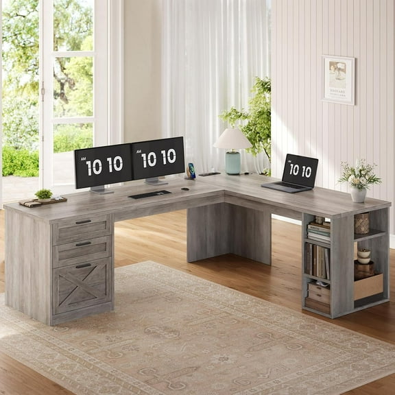 L Shaped Office Desk with Storage, Farmhouse Computer Desk with Power Outlets & File Drawer, Corner Desk with Spacious Desktop & Open Shelves, Home Office Desk with 3 Drawers for Bedroom, Grey
