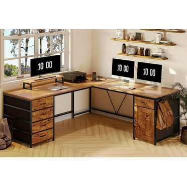 L-Shaped Office Desk with Charging Station Computer Desk with Storage Cabinet&5 Drawers for Home, Rustic Brown