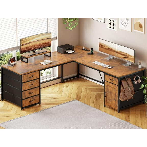 SEDETA L Shaped Desk, 63" Computer Desk with 5 Drawer & Power Outlet, Long Home Office Desk or Corner Desk, Corner Desk with Monitor Shelf, Storage Cabinet, Rustic Brown