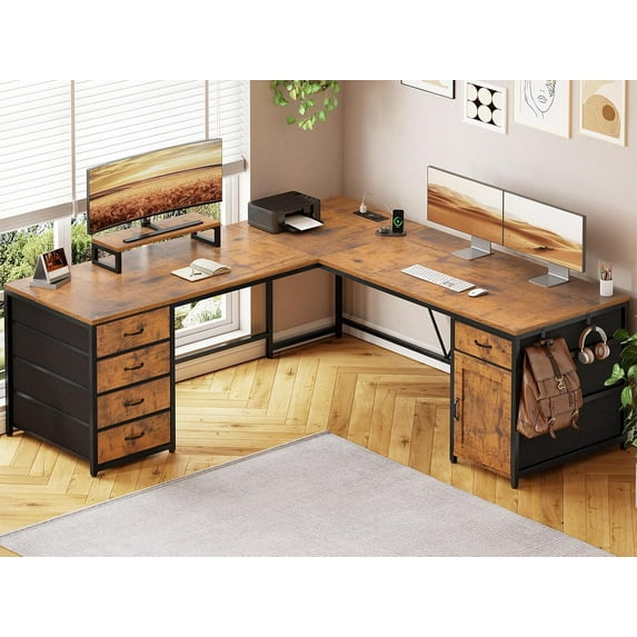 SEDETA L Shaped Desk, 63" Computer Desk with 5 Drawer & Power Outlet, Long Home Office Desk or Corner Desk, Corner Desk with Monitor Shelf, Storage Cabinet, Rustic Brown