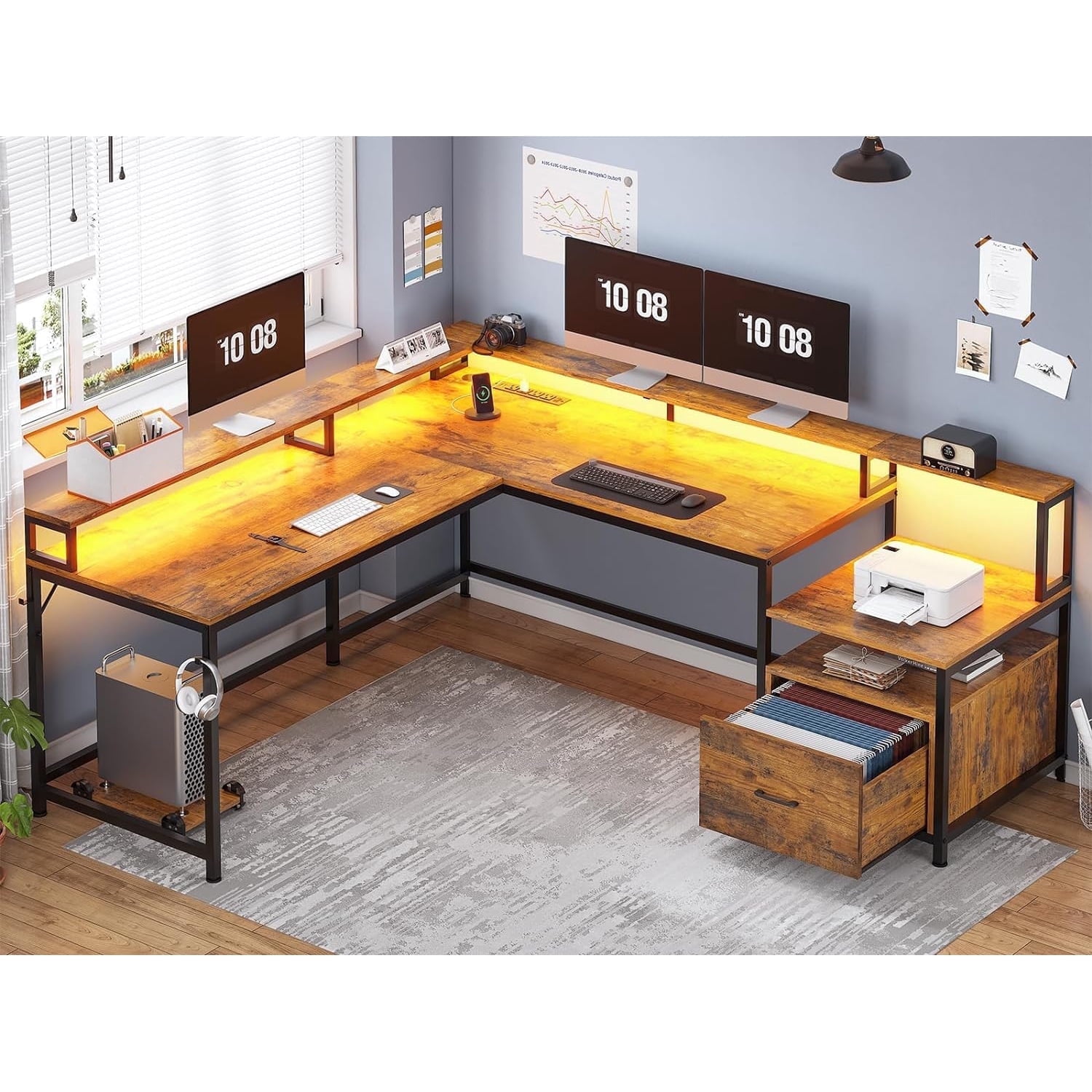 L-Shaped Office Desk with Drawers & Monitor Stand, Reversible Computer Desk with LED Lights & Charging Station, Rustic Brown