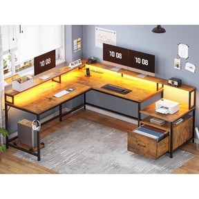 L-Shaped Office Desk with Drawers & Monitor Stand, Reversible Computer Desk with LED Lights & Charging Station, Rustic Brown