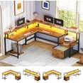 thumbnail image 1 of L-Shaped Office Desk with Drawers & Monitor Stand, Reversible Computer Desk with LED Lights & Charging Station, Rustic Brown, 1 of 9