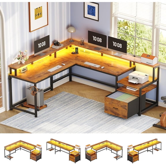 L-Shaped Office Desk with Drawers & Monitor Stand, Reversible Computer Desk with LED Lights & Charging Station, Rustic Brown
