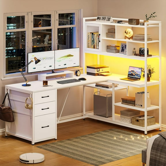 L Shaped Office Desk with Drawers and 7-Tier Storage Shelves, Reversible Computer Desk with Monitor Stand and Hooks, White