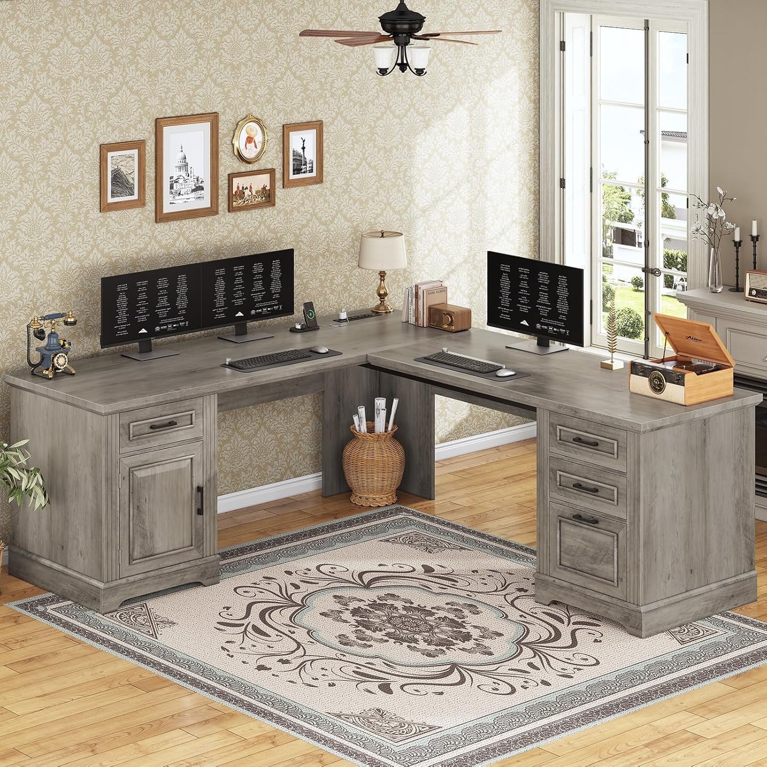 L Shaped Office Desk with Large Workspace & Charging Station, Computer Desk with 4 Drawers & Cabinet, Oak Gray