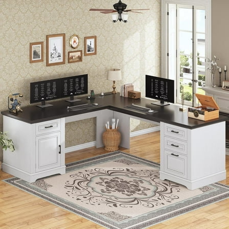 L Shaped Office Desk with Large Workspace & Charging Station, Wood Desk with 4 Drawers & Cabinet, White & Black