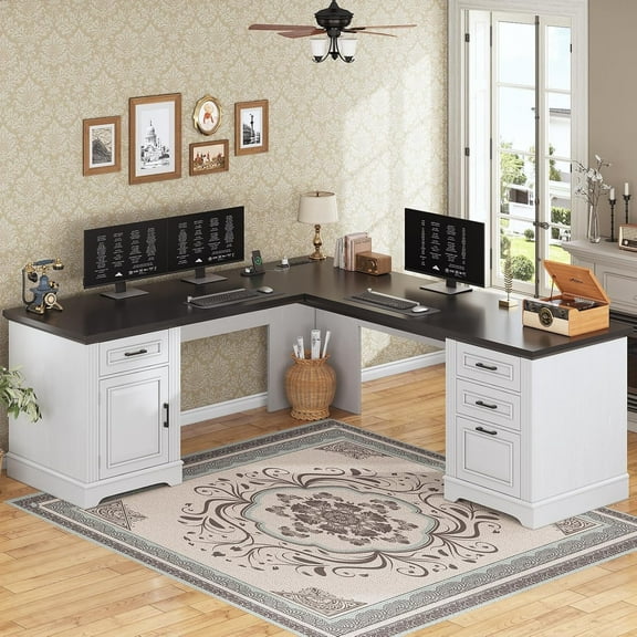 L Shaped Office Desk with Large Workspace & Charging Station, Wood Desk with 4 Drawers & Cabinet, White & Black