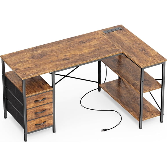 L Shaped Office Desk with Power Outlets, 47 Inch Computer Desk with 3 Drawers, Shelves, for Gaming, Corner Work, Home Office, Study, Rustic Brown