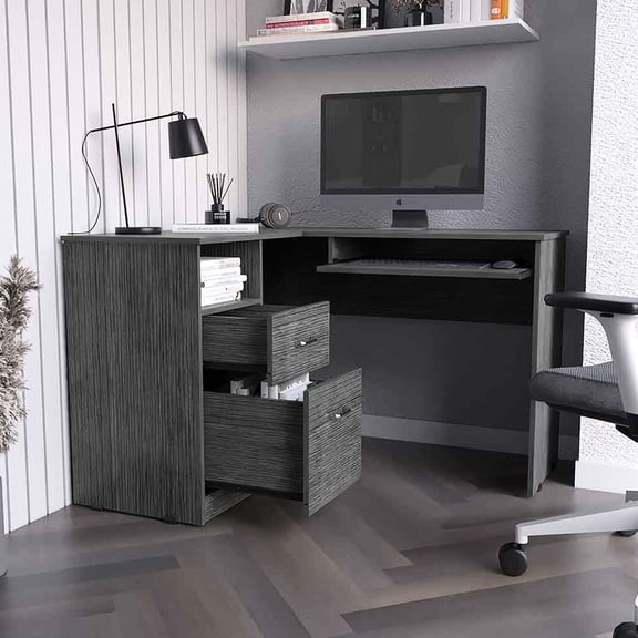 L-Shaped Office Work Desk | Perfect for Wall or Corner, Keyboard Shelf | Particle Board with Smokey Oak Finish | Sturdy Drawer Handles